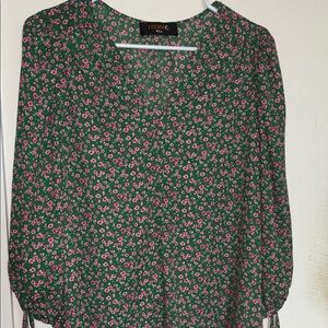 Renee C. Green V-Neck Blouse with Pink Floral Print